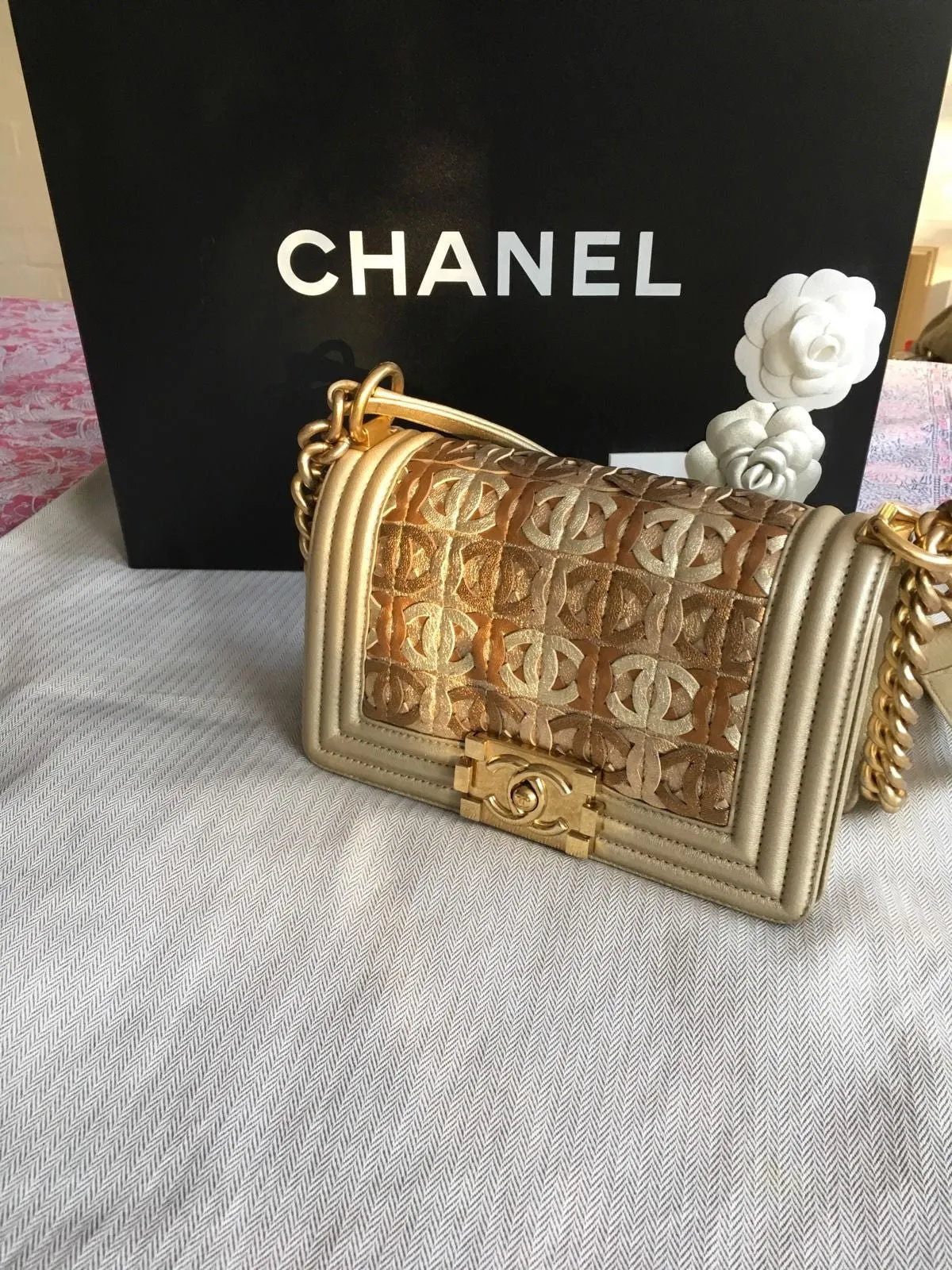 Chanel Embellished Lambskin Le Boy Bag in Runway Gold Metallic Antiqued Hardware  Handbag Ladies