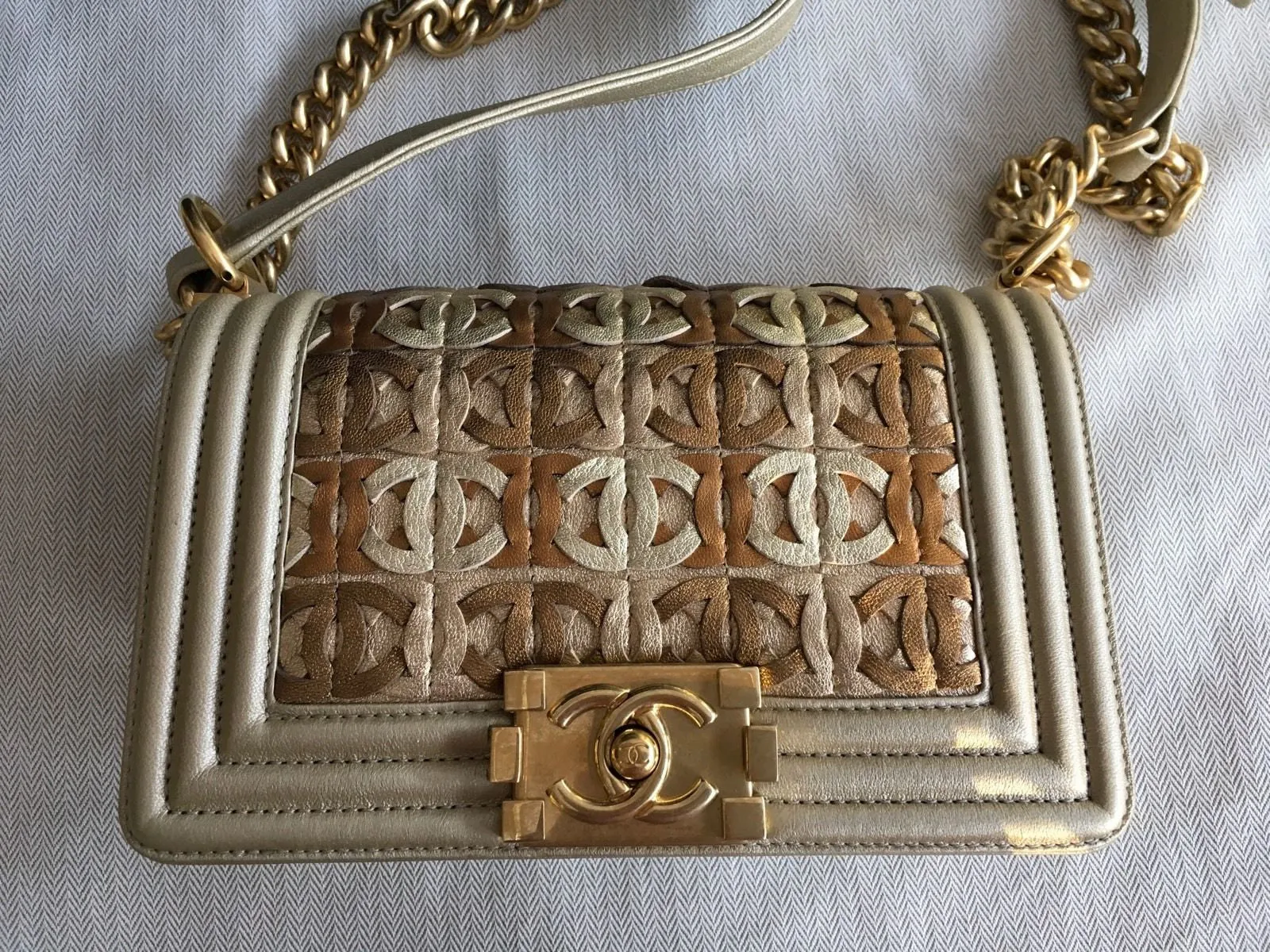 Chanel Embellished Lambskin Le Boy Bag in Runway Gold Metallic Antiqued Hardware  Handbag Ladies