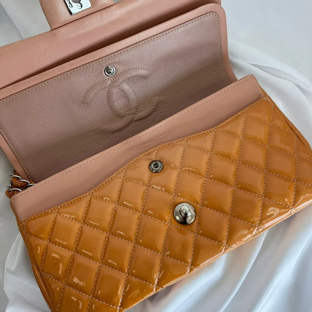 Chanel Gold/Orange Quilted Patent Leather Classic Double Flap Bag