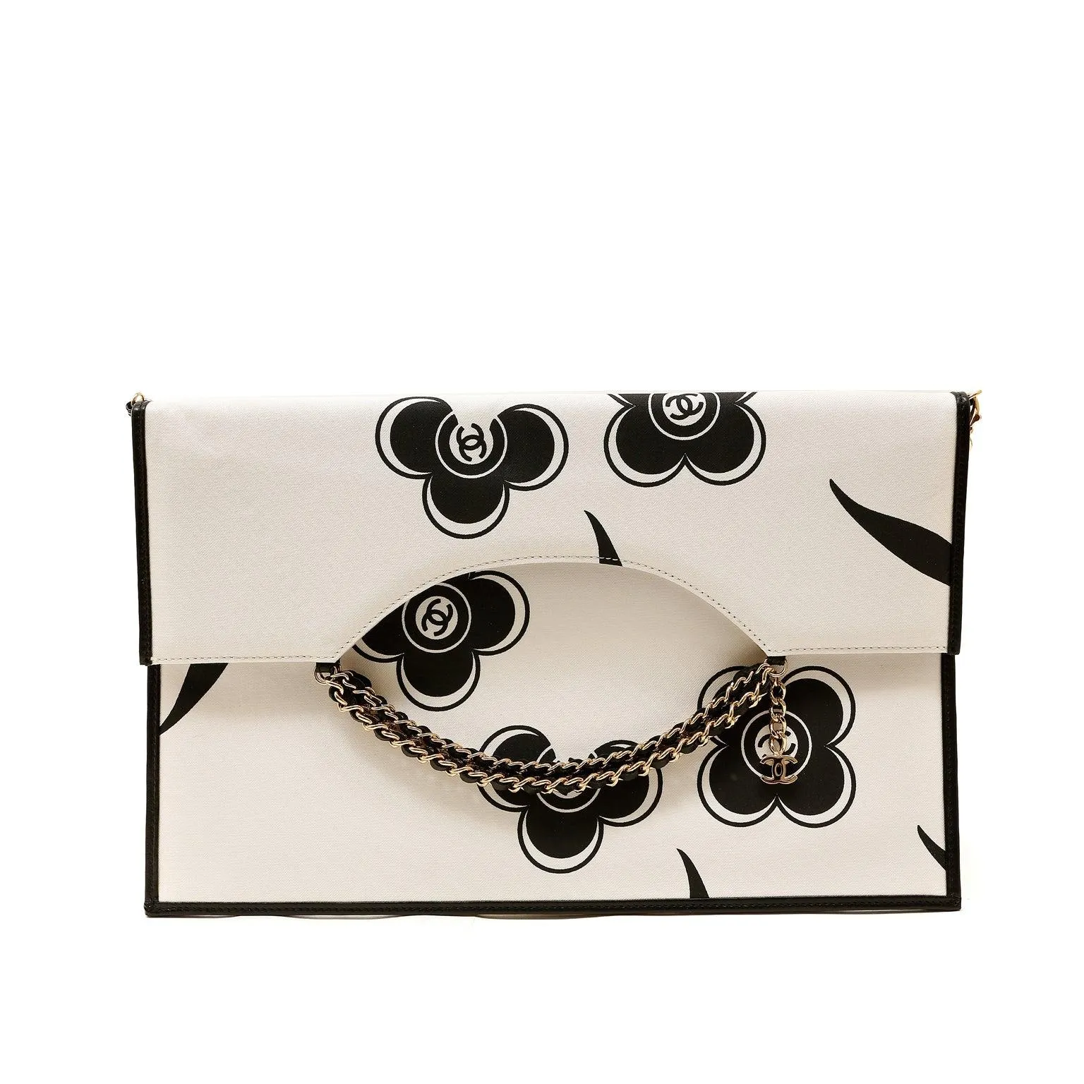 Chanel Ivory and Black Camellia Envelope Clutch with Strap