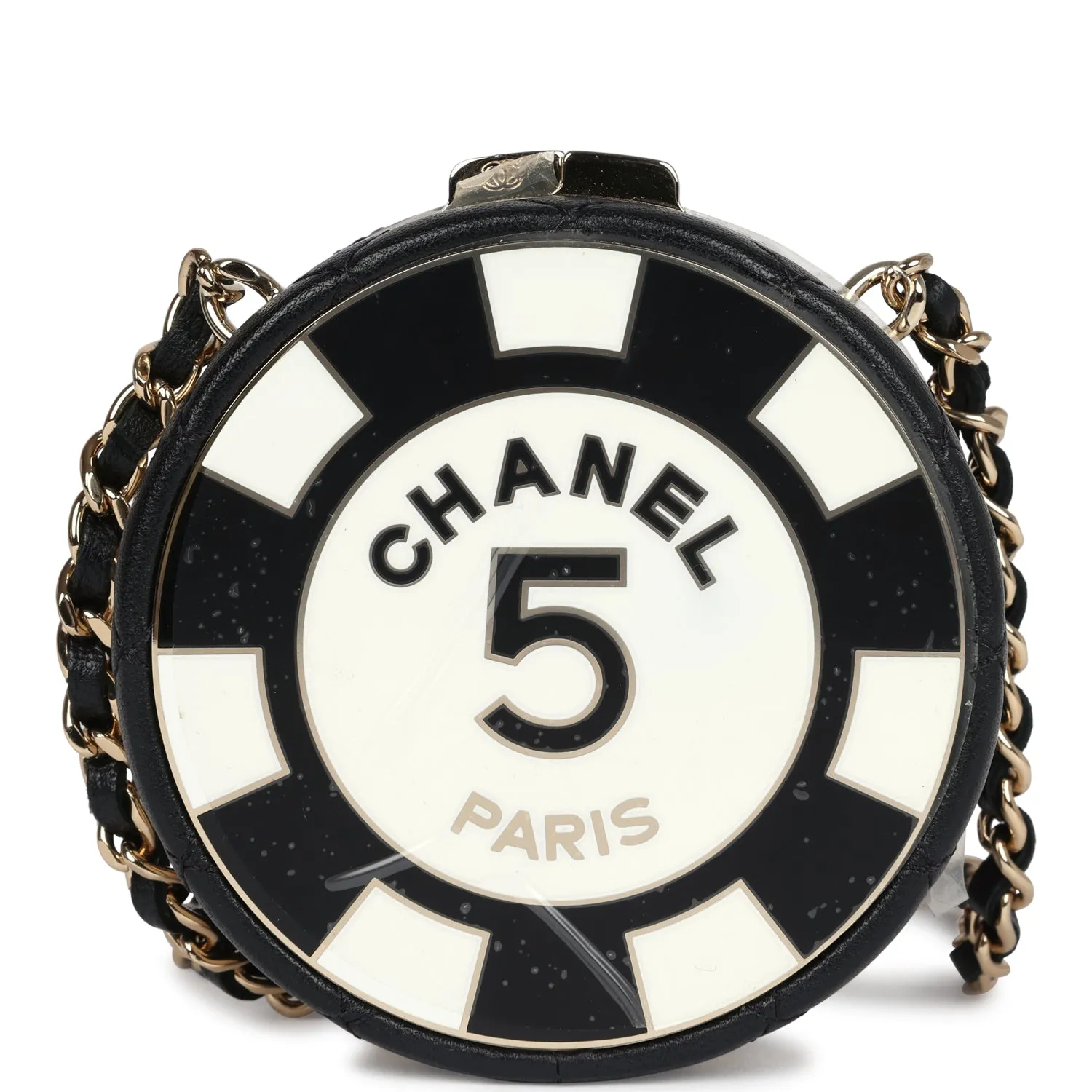 Chanel Poker Chip Minaudiere Clutch with Chain Black and White Enamel and Lambskin Gold Hardware