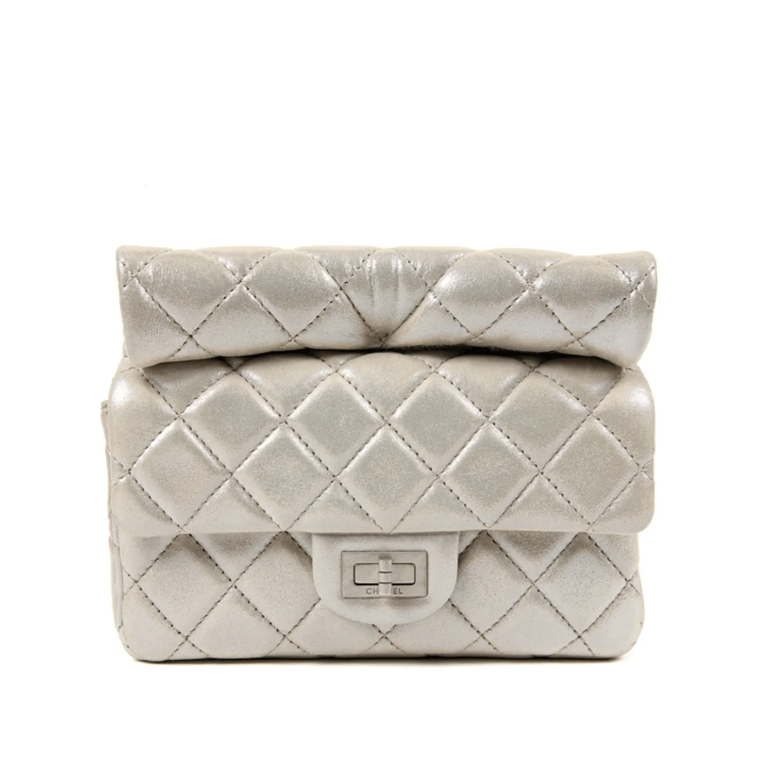 Chanel Silver Gold Leather Roll Handle Reissue Clutch