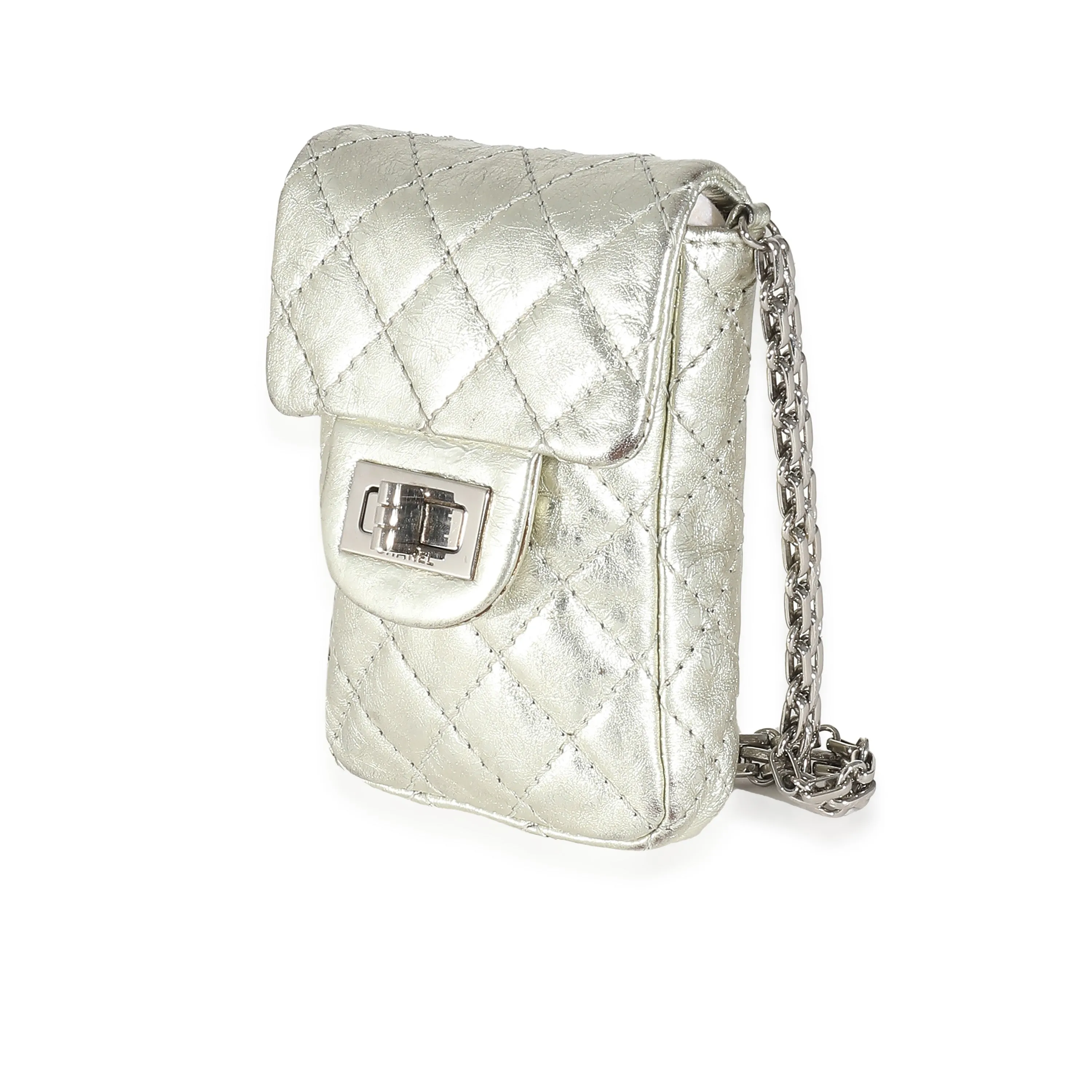 CHANEL Silver Metallic Aged Calfskin Quilted 2.55 Reissue Phone Case