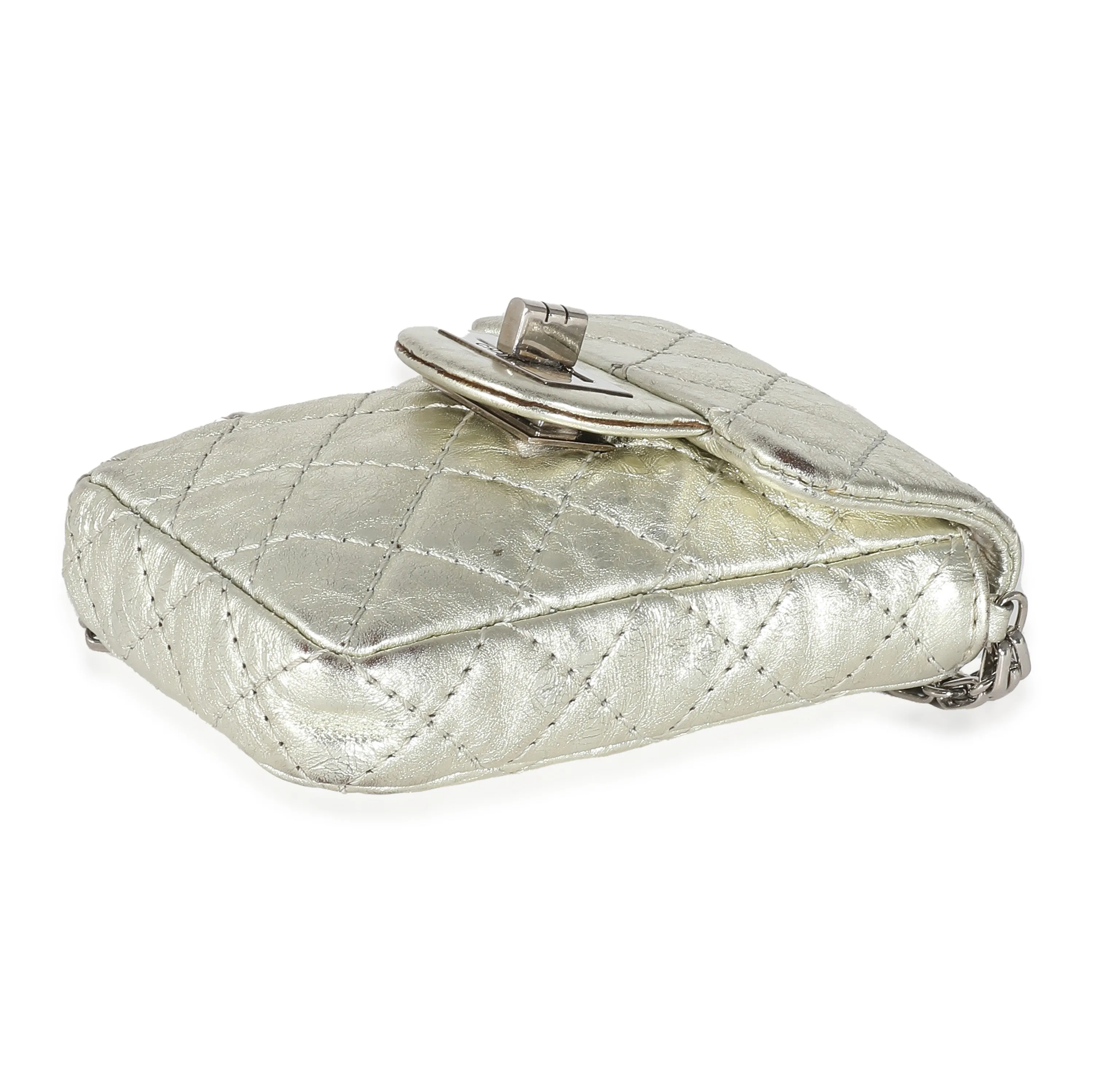 CHANEL Silver Metallic Aged Calfskin Quilted 2.55 Reissue Phone Case