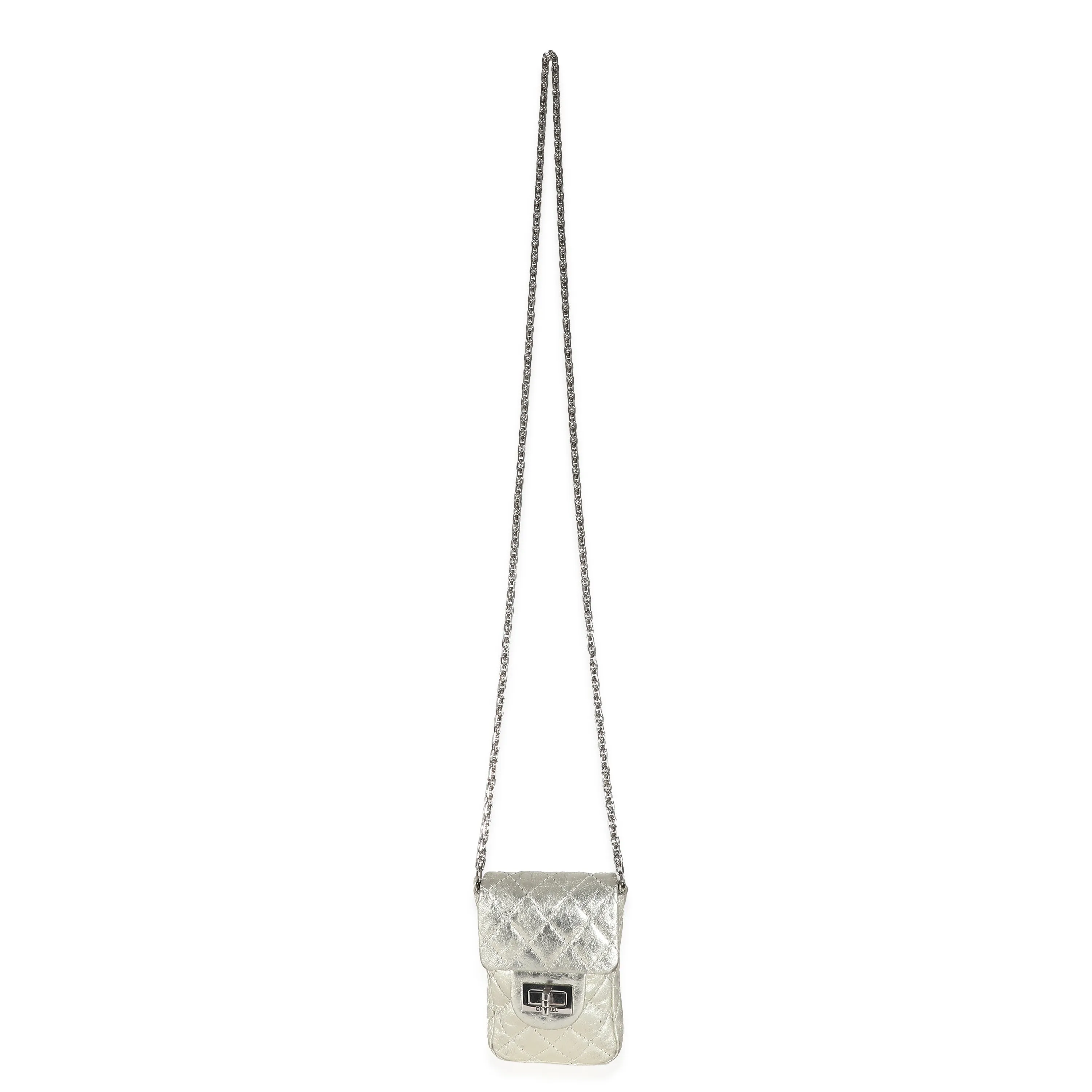 CHANEL Silver Metallic Aged Calfskin Quilted 2.55 Reissue Phone Case