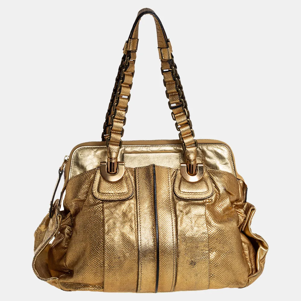 Chlo&eacute;  Gold Embossed Leather Heloise Satchel