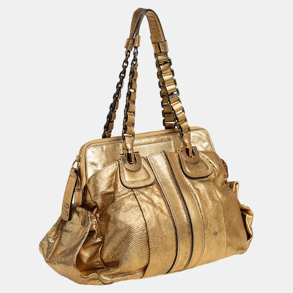 Chlo&eacute;  Gold Embossed Leather Heloise Satchel