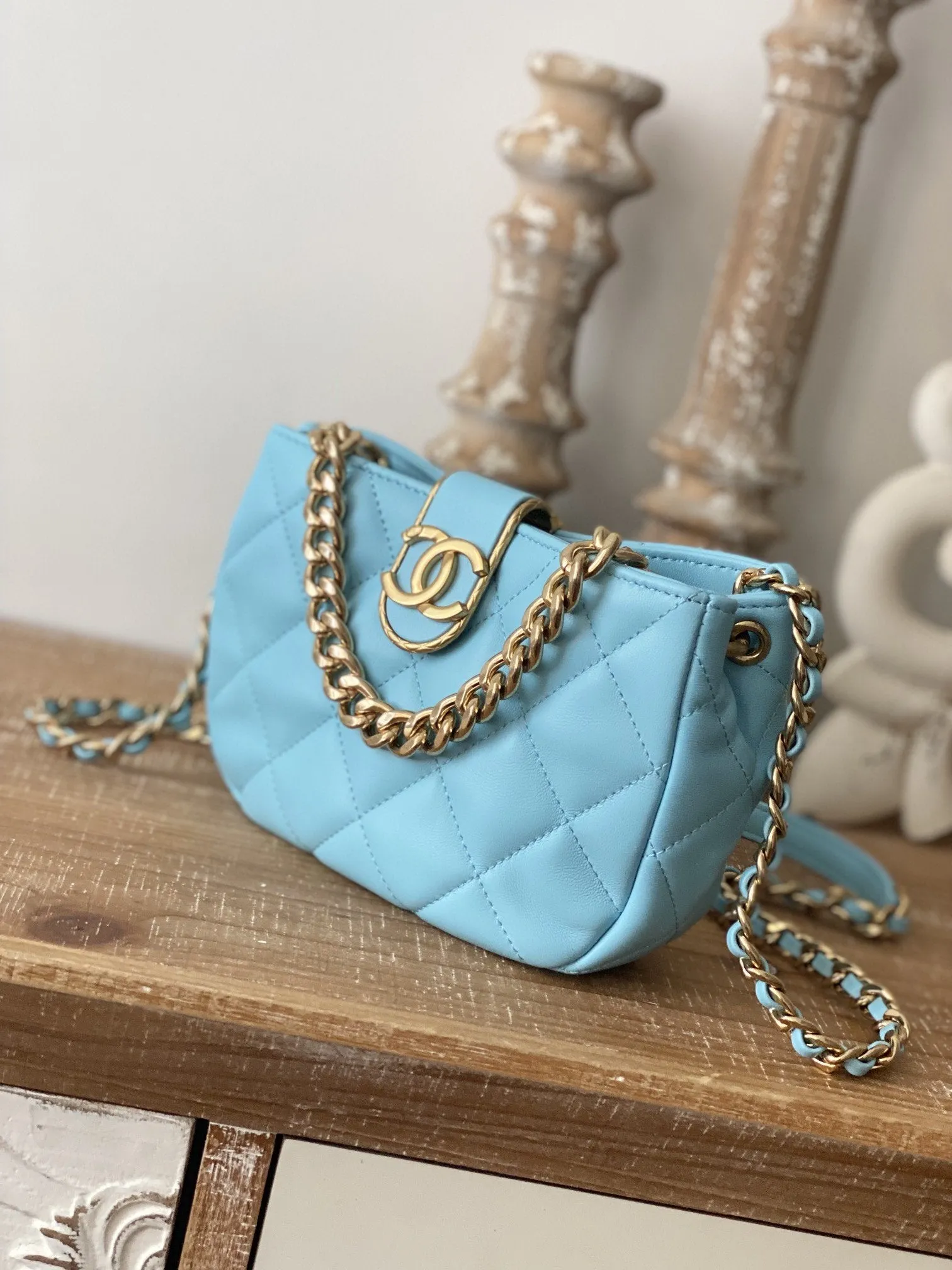 CHLSmall Hobo Bag Gold Hardware Blue For Women, Women&#8217;s Handbags, Shoulder Bags 7.5in/19cm