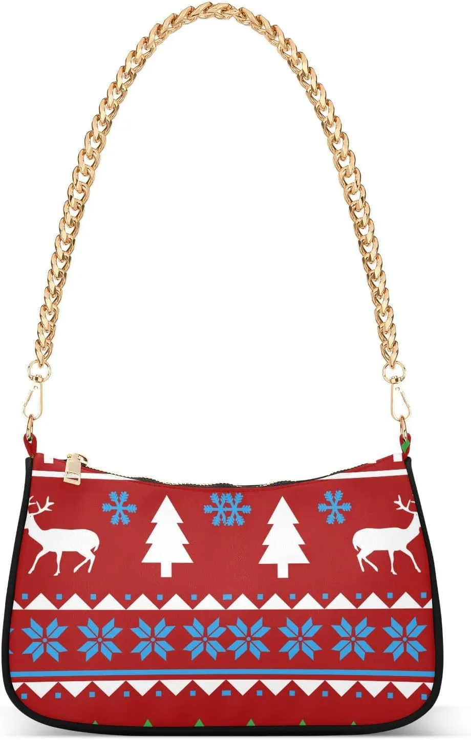 Christmas Deer Shoulder Handbags for Women Travel Hobo Tote Handbag Women Gold Chain Shoulder Bags Purse with Zipper Closure