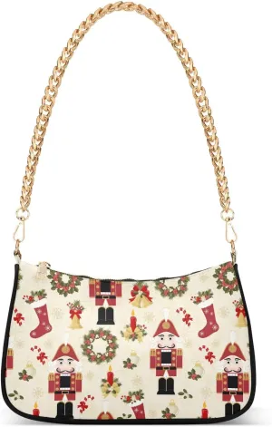 Christmas New Years Nutcrackers Shoulder Handbags for Women Travel Hobo Tote Handbag Women Gold Chain Shoulder Bags Purse with Zipper Closure