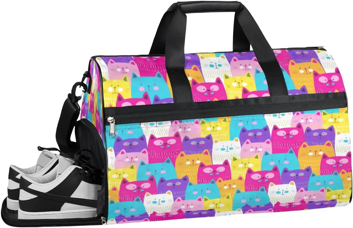 Colorful Cat Funny Gym Duffle Bag for Women Men 35L Sports Bags Travel Duffel with Shoe Compartment Large Weekender Overnight