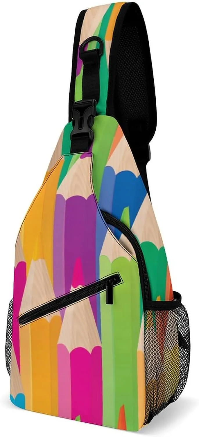 Colorful Pencils Pattern Printed Crossbody Bags Casual Sling Backpack with Adjustable Strap for Women Men