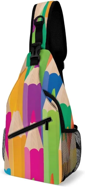 Colorful Pencils Pattern Printed Crossbody Bags Casual Sling Backpack with Adjustable Strap for Women Men