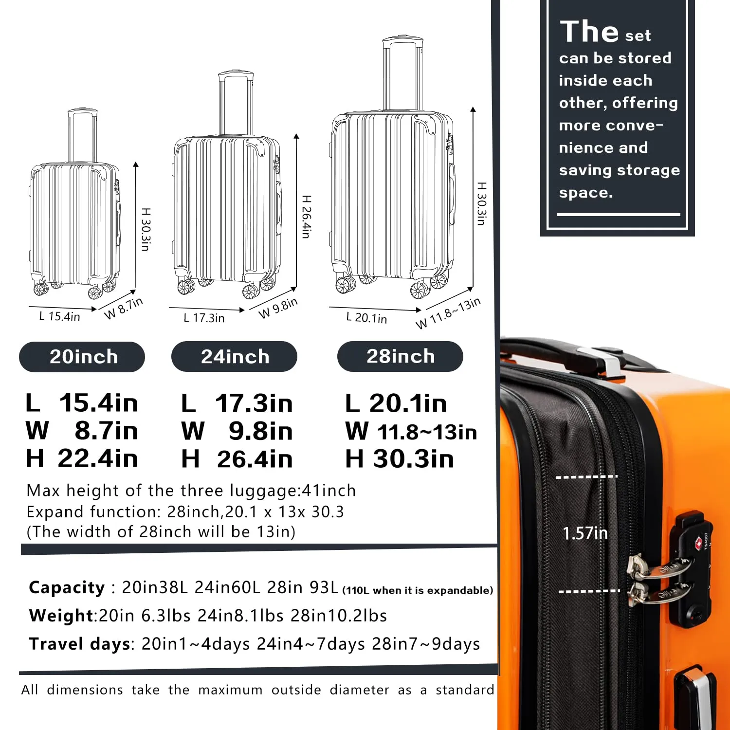 Coolife Luggage Expandable(only 28") Suitcase PC ABS Spinner 20in 24in 28in Carry on (white grid new, S(20in)_carry on)