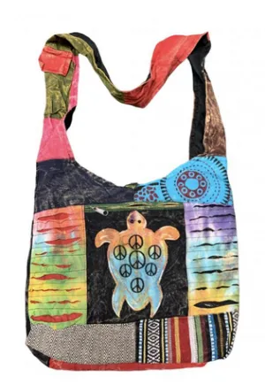 Cotton Patchwork Embroidered Peace Sign Turtle Bag