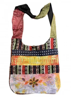 Cotton Patchwork Striped Patches with Flower Embroidery Bag