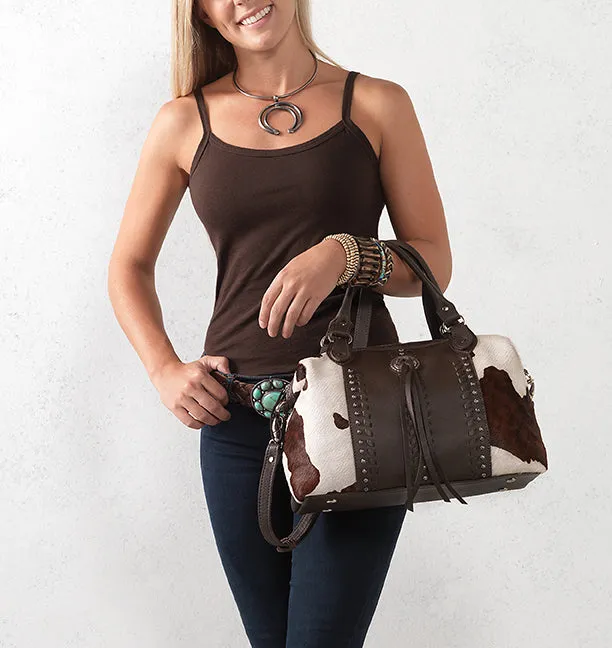 Cow Town Large Zip-Top Convertible Satchel with Secret Compartment - Chocolate and Pony Hair on Hide