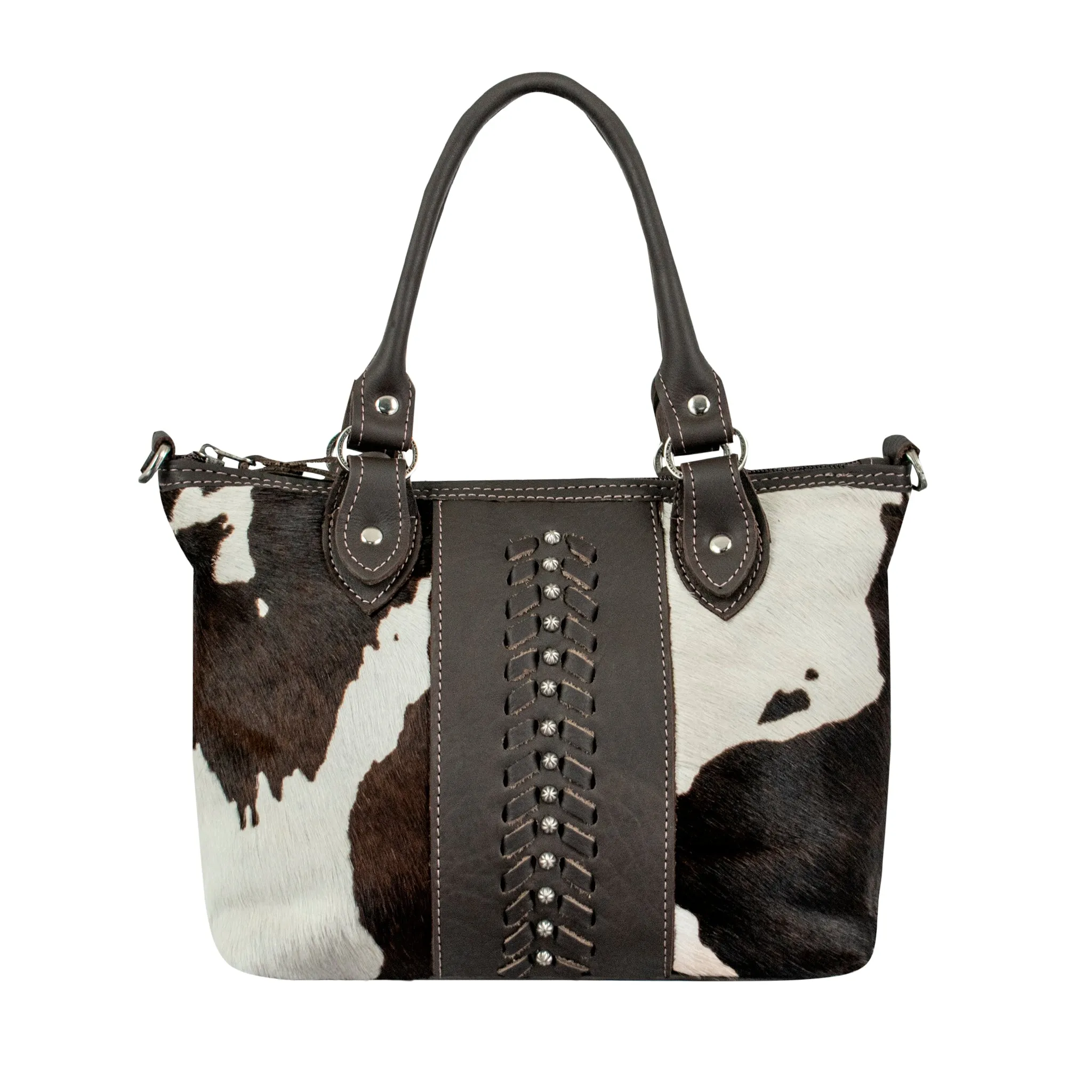 Cow Town Small Zip-Top Convertible Satchel with Secret Compartment - Chocolate and Pony Hair on Hide