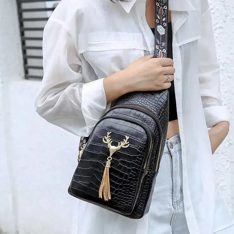 Crossbody Bag with Deer Tassel Design and Letter Embroidery