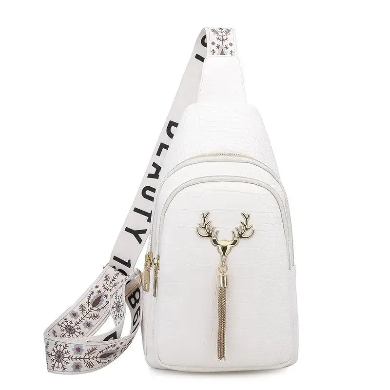 Crossbody Bag with Deer Tassel Design and Letter Embroidery