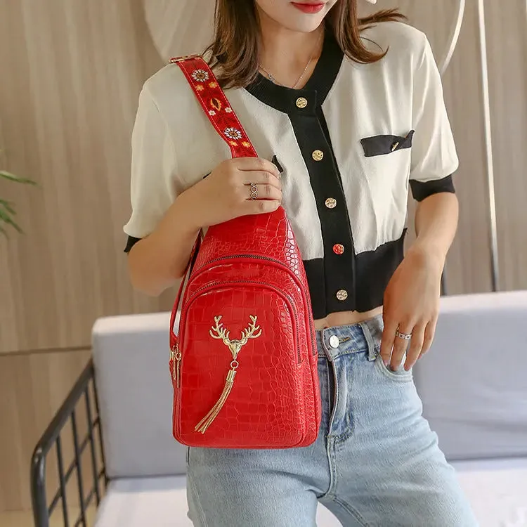 Crossbody Bag with Deer Tassel Design and Letter Embroidery