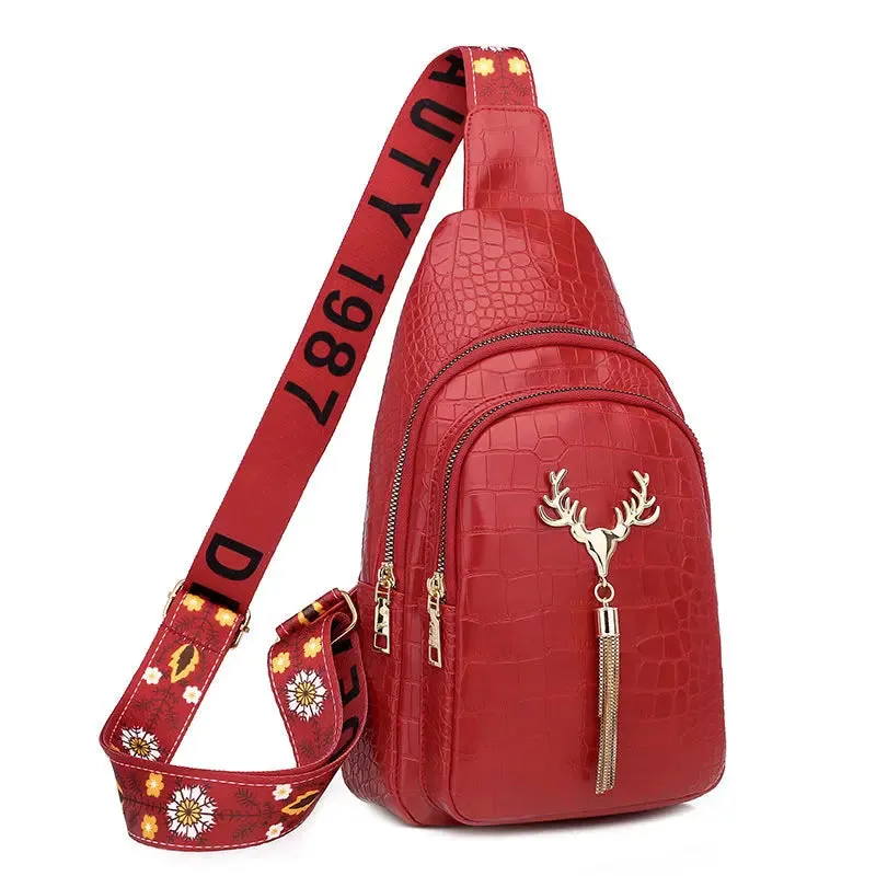 Crossbody Bag with Deer Tassel Design and Letter Embroidery