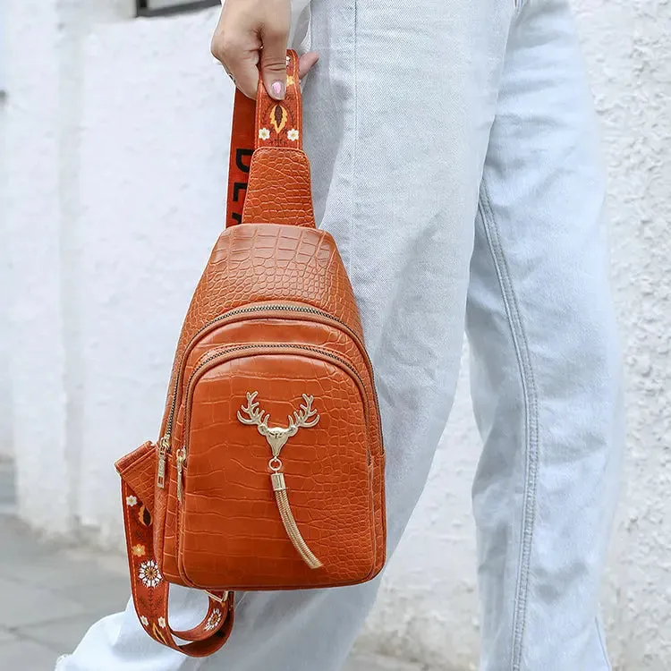 Crossbody Bag with Deer Tassel Design and Letter Embroidery