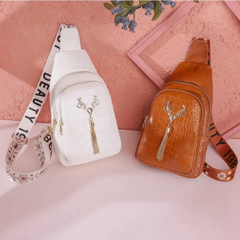 Crossbody Bag with Deer Tassel Design and Letter Embroidery