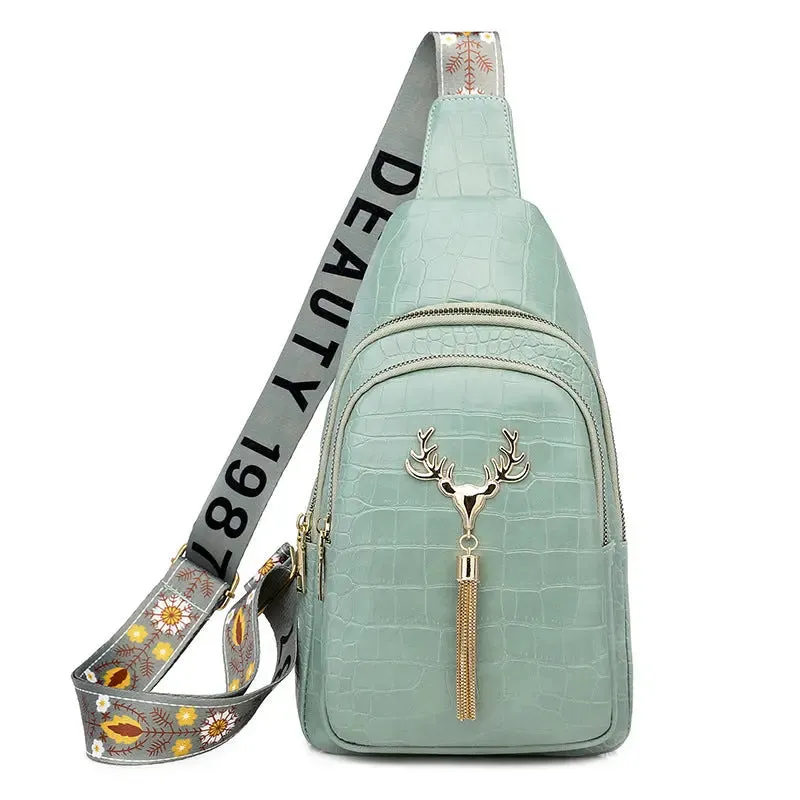 Crossbody Bag with Deer Tassel Design and Letter Embroidery