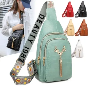 Crossbody Bag with Deer Tassel Design and Letter Embroidery