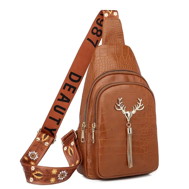 Crossbody Bag with Deer Tassel Design and Letter Embroidery