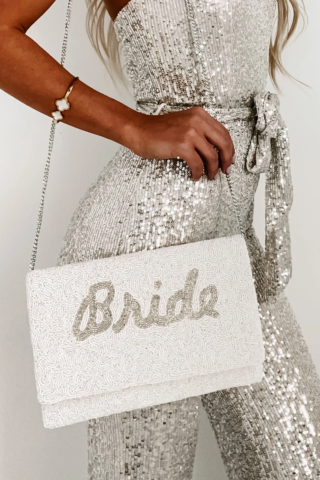Cursive "Bride" Beaded Clutch (Silver Bride)