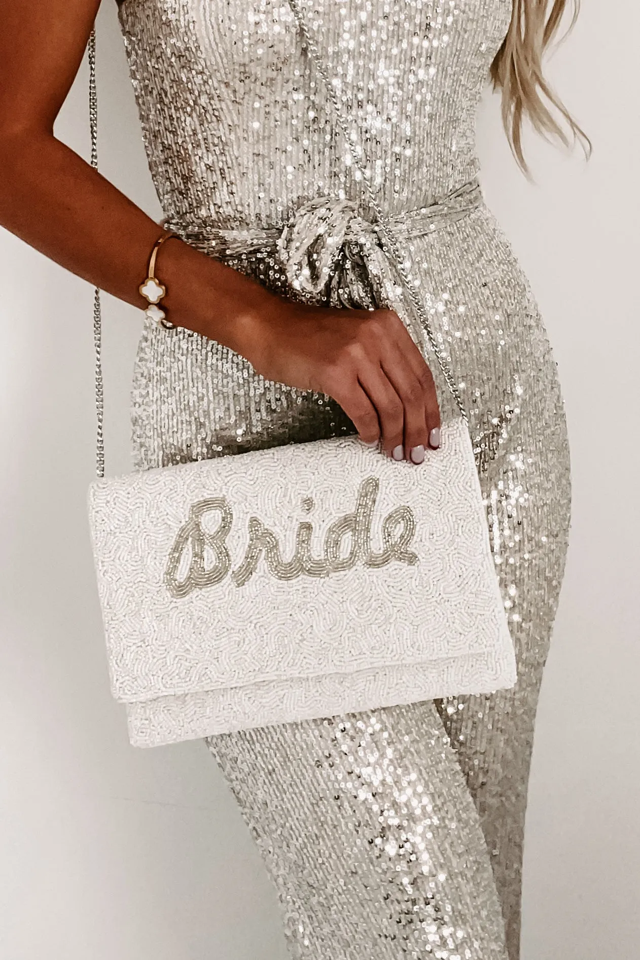 Cursive "Bride" Beaded Clutch (Silver Bride)