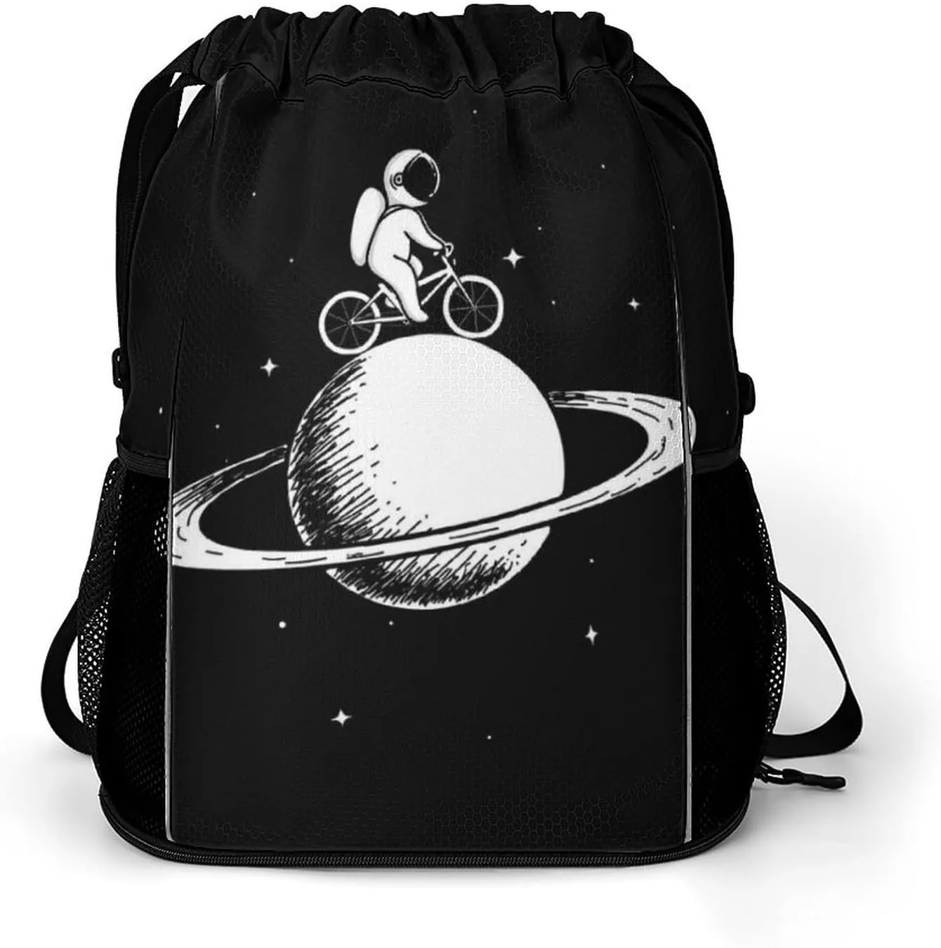 Cute Astronaut Rides on Bicycle Drawstring Bags Sports Gym Sackpack with Mesh Pockets Water Resistant Backpack