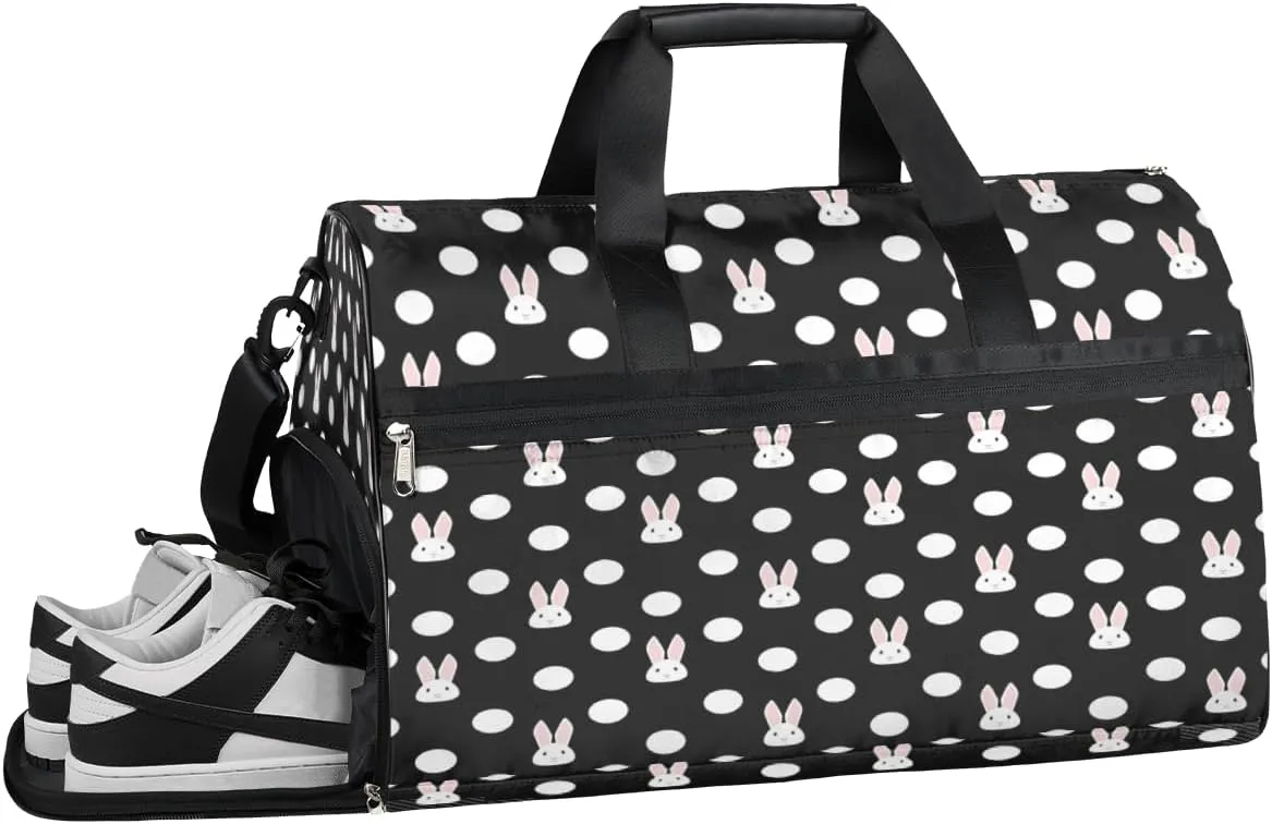 Cute Bunny Gym Duffle Bag for Women Men 35L Sports Bags Polka Dots Travel Duffel with Shoe Compartment Large Weekender Overnight