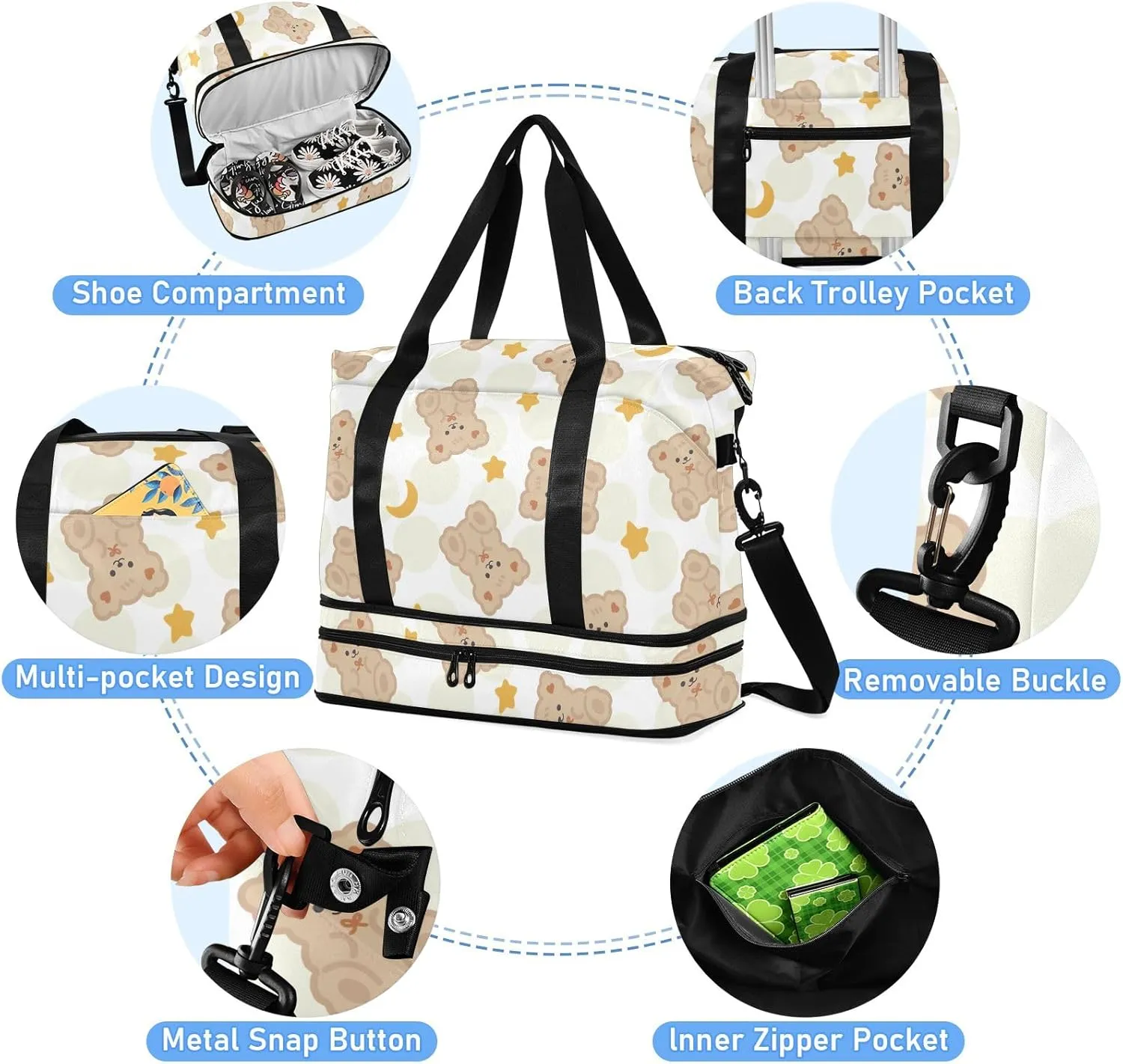 Cute Happy Puppy with Hearts Underseat Bag Waterproof Weekend Travel Bag for Women with Trolley Sleeve