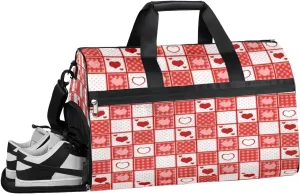 Cute Heart Plaid Gym Duffle Bag for Women Men 35L Sports Bags Red Travel Duffel with Shoe Compartment Large Weekender Overnight