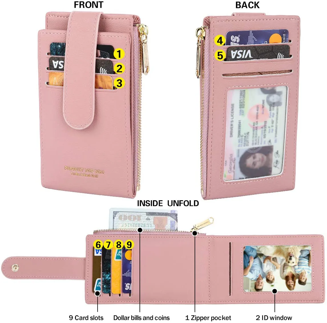 CYANB RFID Card Holder Wallet for Women Slim Bifold Zipper Card Cases Money Organizers Pink
