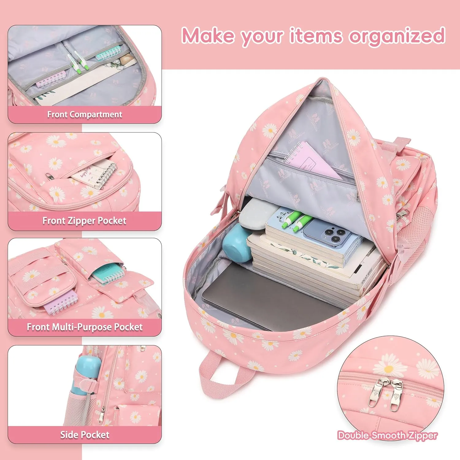 Daisy Backpack for School Backpack for Girls Backpack with Lunch Box Bookbag Set Backpacks for Teen Girls