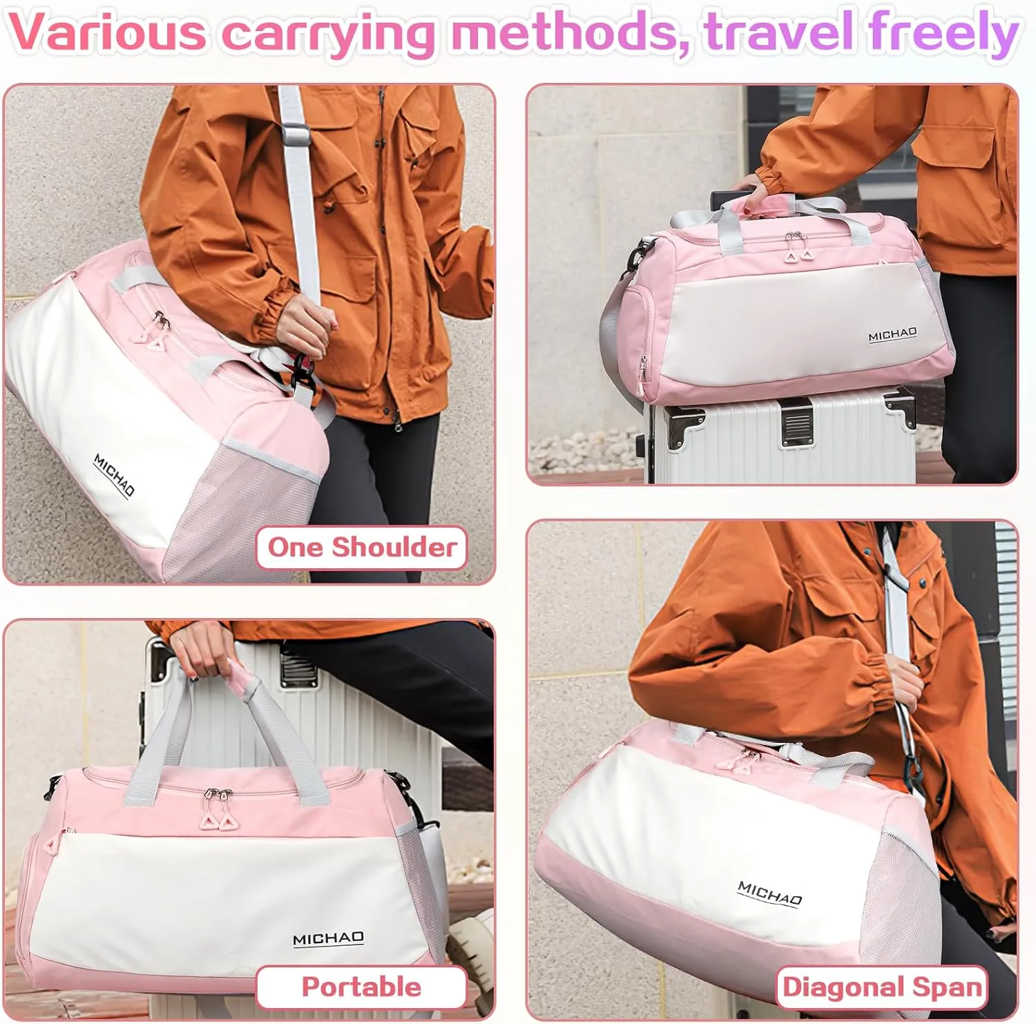 Damcyer 35L Women's Travel Duffel Bag with Shoe Compartment and Wet Pockets Waterproof Sports Bags for Sports Traveling Swimming Yoga Hiking, White Pink, XXL
