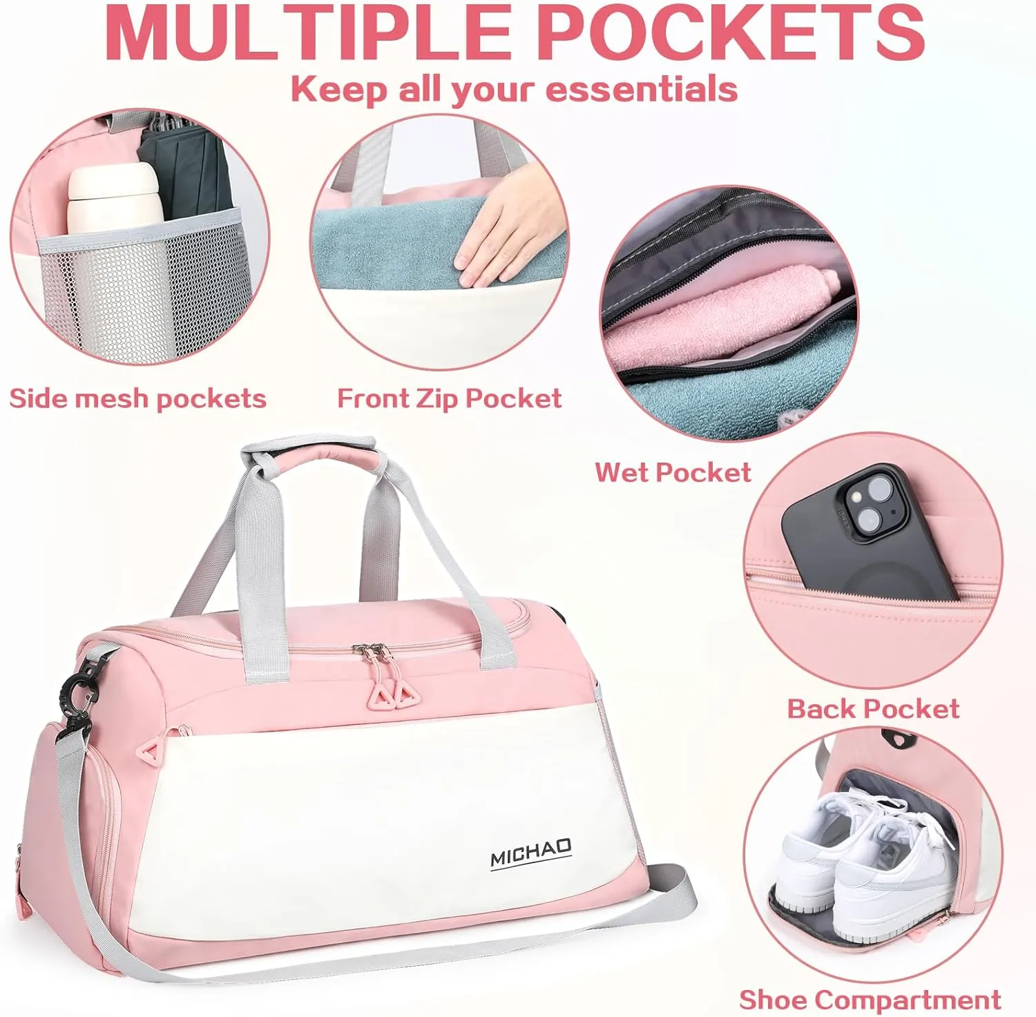 Damcyer 35L Women's Travel Duffel Bag with Shoe Compartment and Wet Pockets Waterproof Sports Bags for Sports Traveling Swimming Yoga Hiking, White Pink, XXL