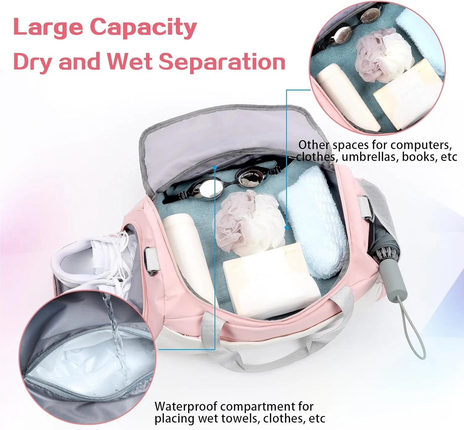 Damcyer 35L Women's Travel Duffel Bag with Shoe Compartment and Wet Pockets Waterproof Sports Bags for Sports Traveling Swimming Yoga Hiking, White Pink, XXL