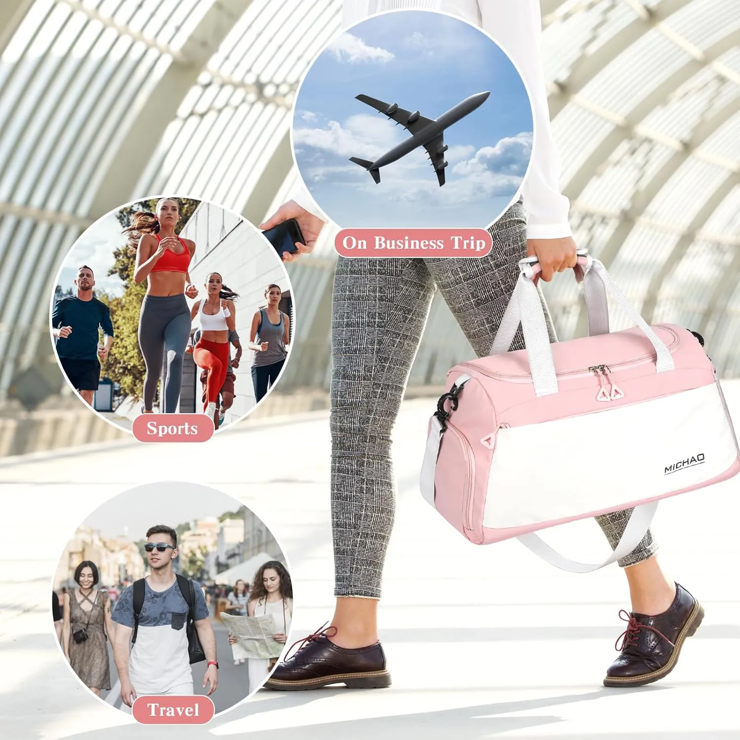 Damcyer 35L Women's Travel Duffel Bag with Shoe Compartment and Wet Pockets Waterproof Sports Bags for Sports Traveling Swimming Yoga Hiking, White Pink, XXL
