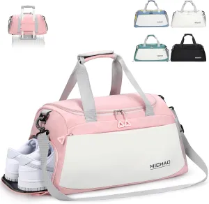 Damcyer 35L Women's Travel Duffel Bag with Shoe Compartment and Wet Pockets Waterproof Sports Bags for Sports Traveling Swimming Yoga Hiking, White Pink, XXL