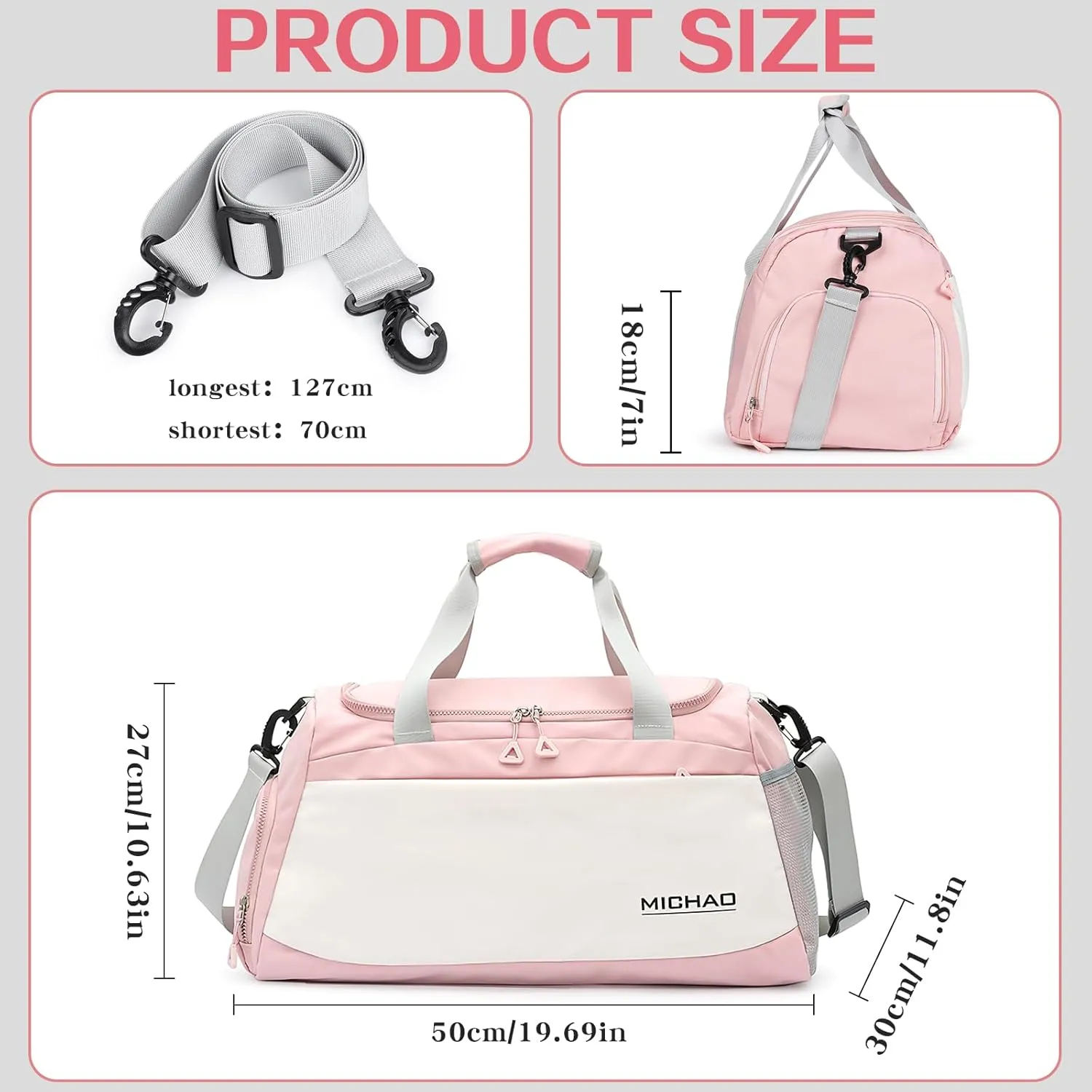 Damcyer 35L Women's Travel Duffel Bag with Shoe Compartment and Wet Pockets Waterproof Sports Bags for Sports Traveling Swimming Yoga Hiking, White Pink, XXL