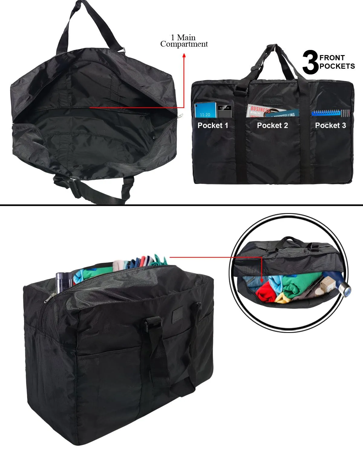 Deeya Ballistic Nylon Large Size Unisex Foldable Travel Duffle Bag with Small Cover Bag (Black)