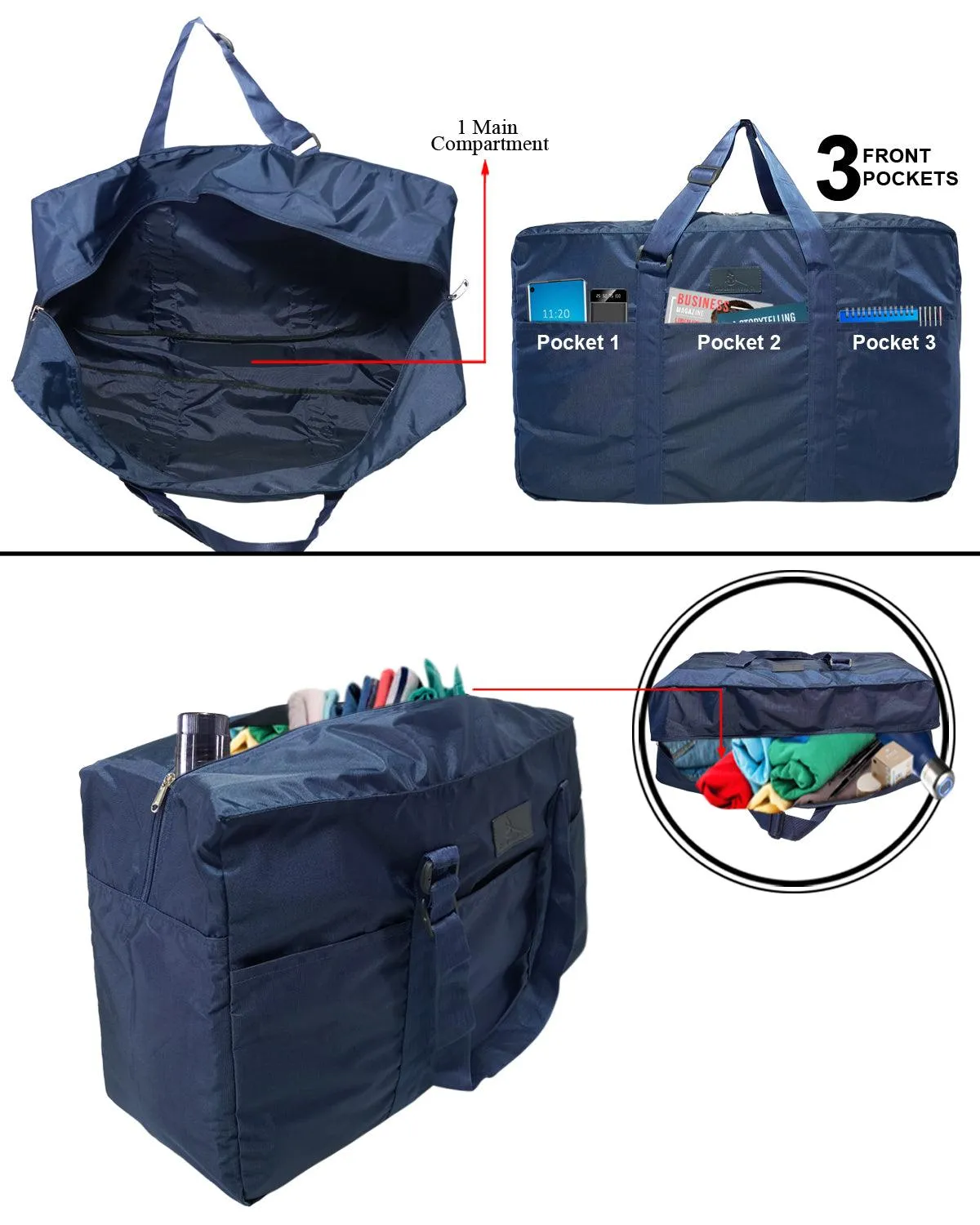 Deeya Ballistic Nylon Large Size Unisex Foldable Travel Duffle Bag with Small Cover Bag (Dark Blue)