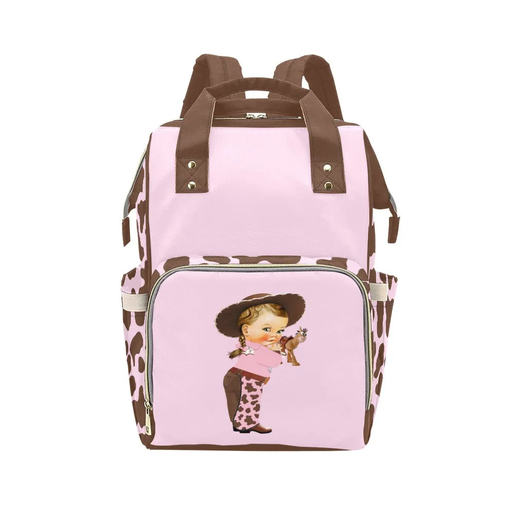 Designer Diaper Bags - Cute Cowgirl With Brown Cow Print On Soft Pink Waterproof Diaper Bag