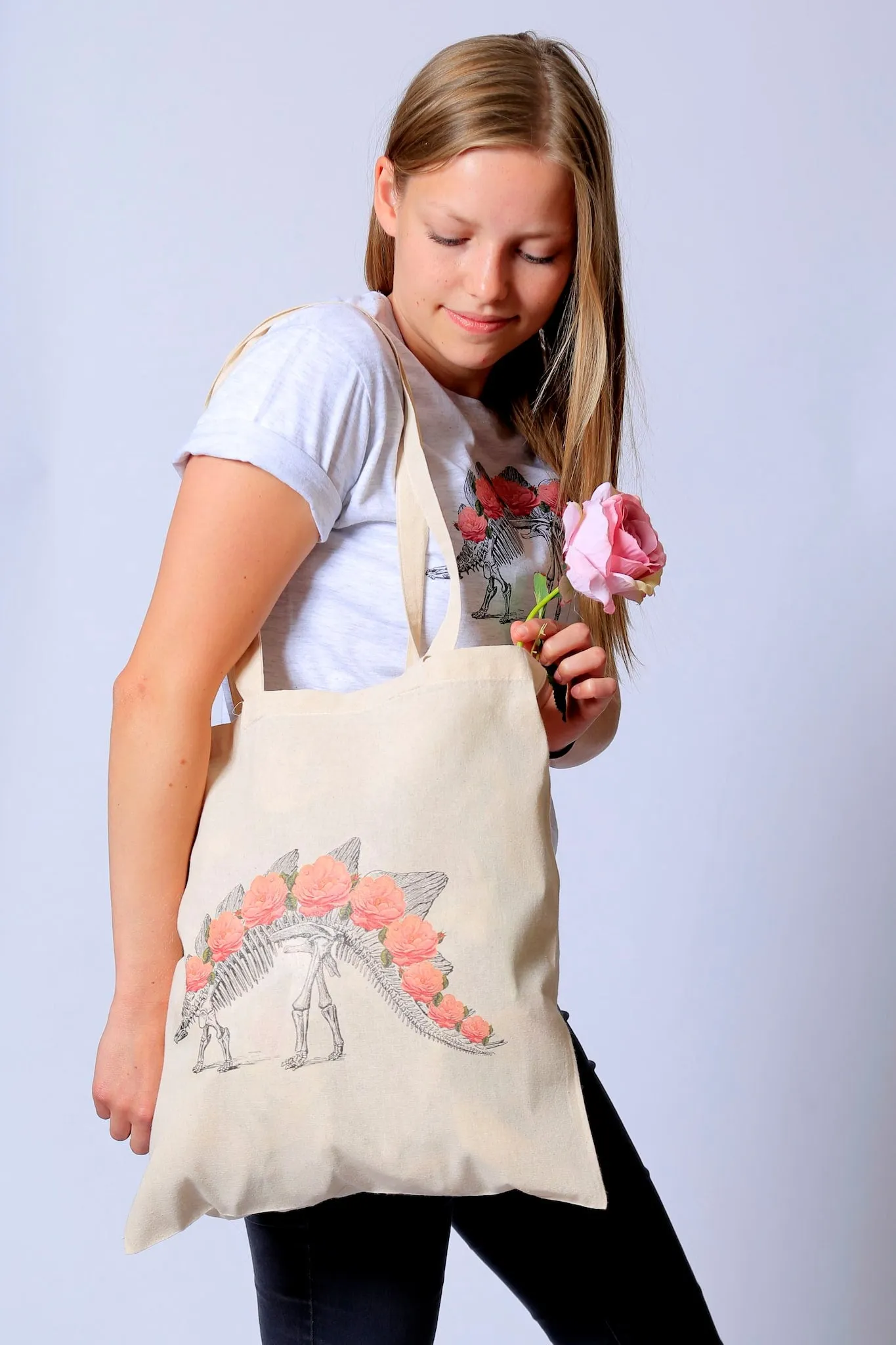 Dino Skeleton Roses Natural Tote Bag