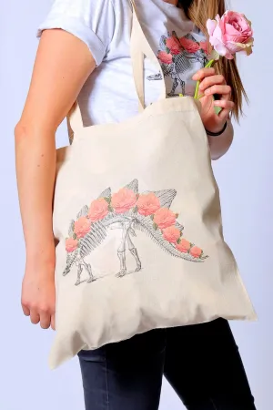 Dino Skeleton Roses Natural Tote Bag